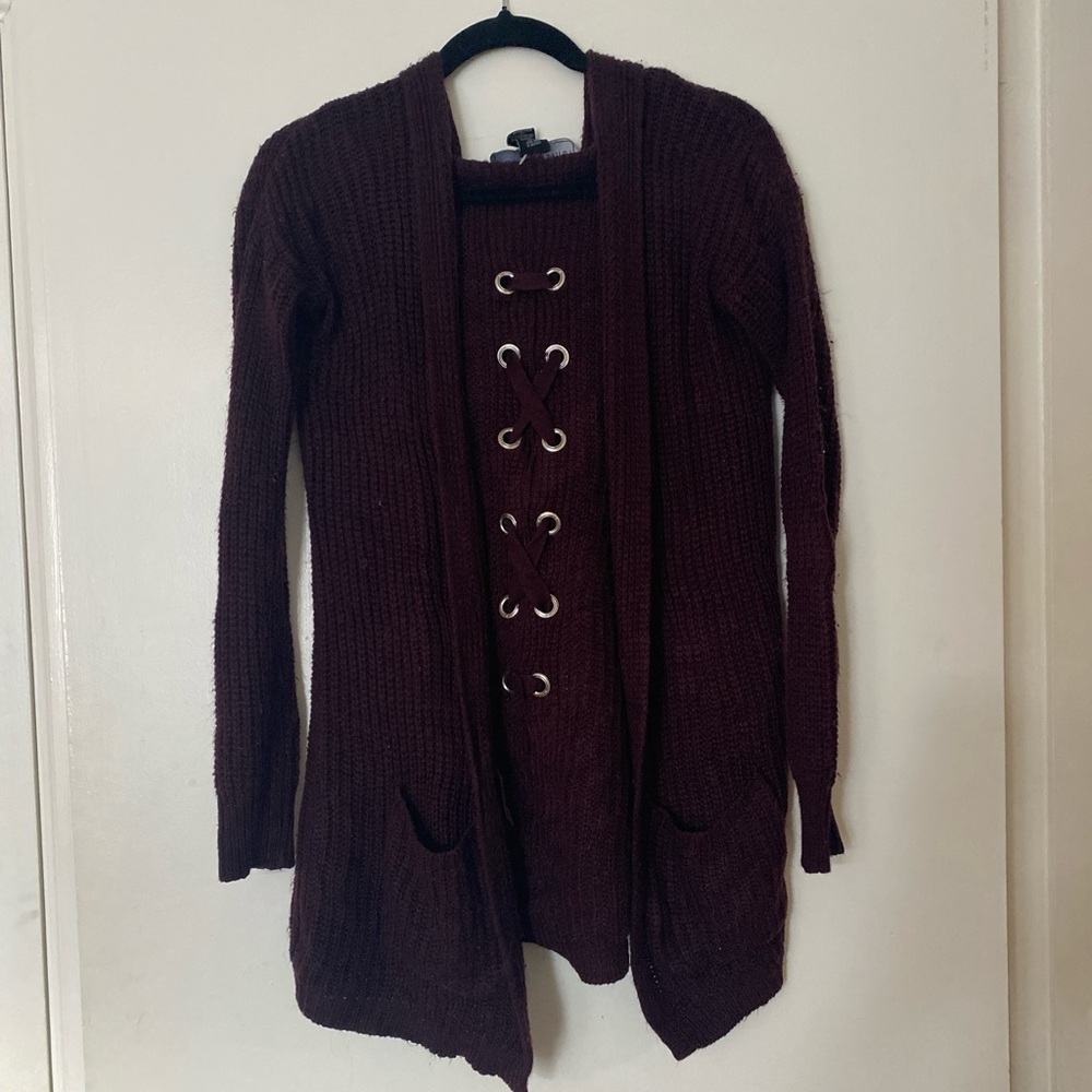 Polly & Esther Deep Burgundy Cardigan with Lace-Up Front